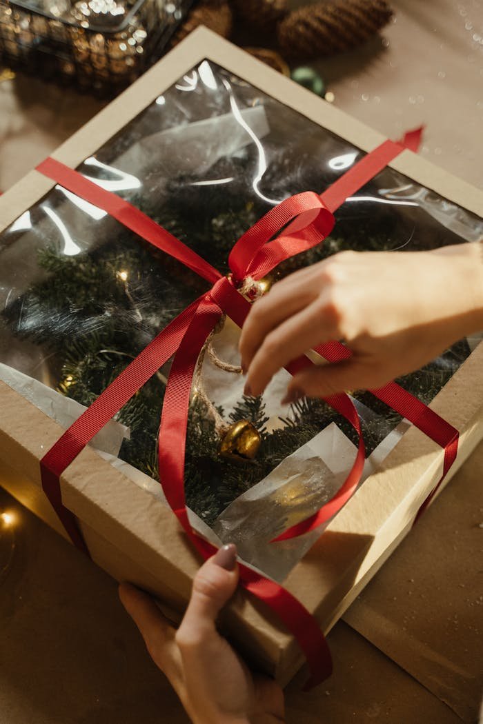 A beautifully wrapped Christmas present with a red ribbon, featuring a festive wreath inside a transparent box.